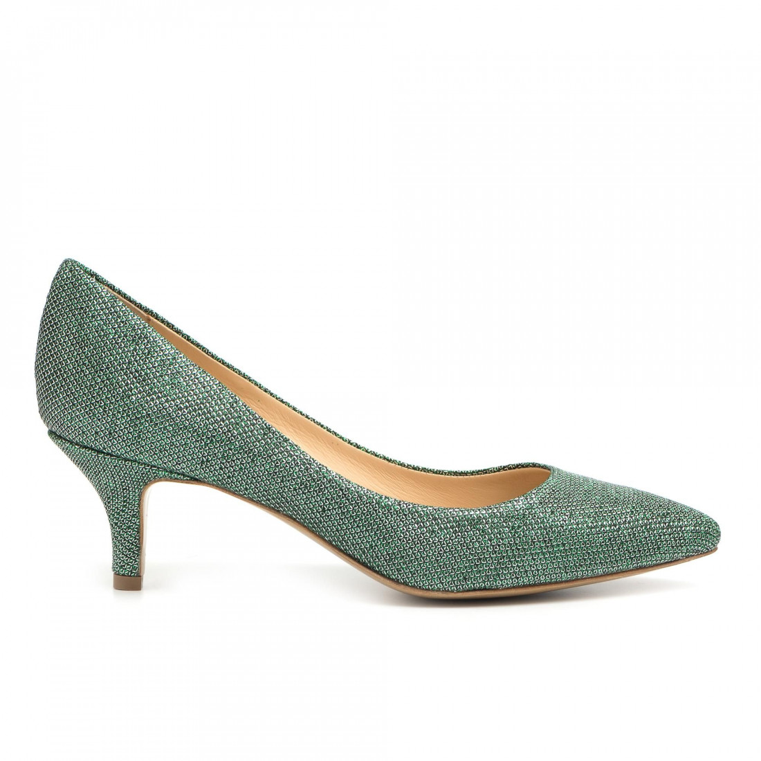 Medium heel pointed toe shoes in green fabric